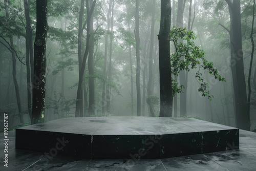 Minimalist Podium in a Foggy Forest, Discover the beauty of a minimalist podium in a serene, fog-covered forest setting. photo