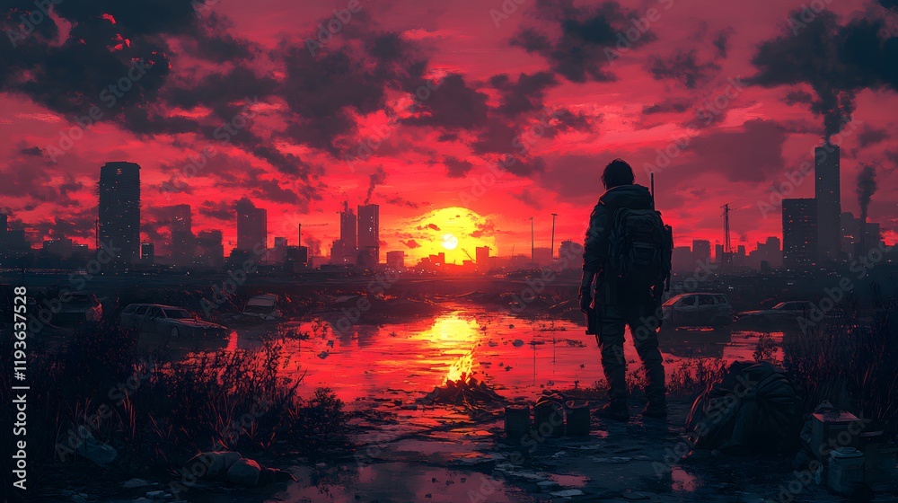 Fototapeta premium lone survivor in a post-apocalyptic landscape, facing an ominous red sun.
