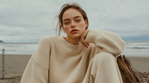 model in an oversized cream sweater and wide-legged pants
