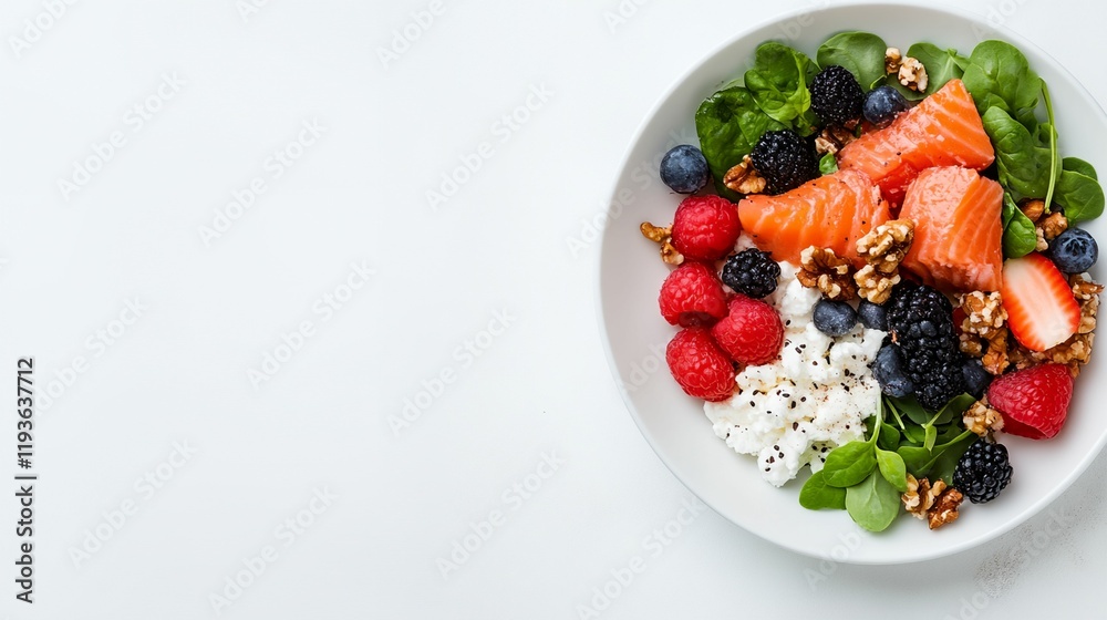 White plate with a salad of fruits and nuts White plate with a salad of fruits and nuts