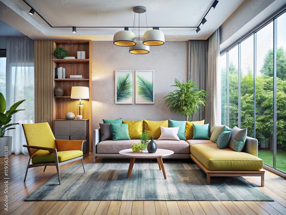 Fototapeta premium Modern Minimalist Living Room with Stylish Air Conditioning Unit - Stock Photo