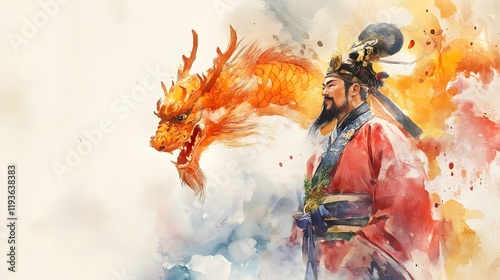 Emperor and Dragon: Watercolor painting of a majestic emperor and a powerful dragon.