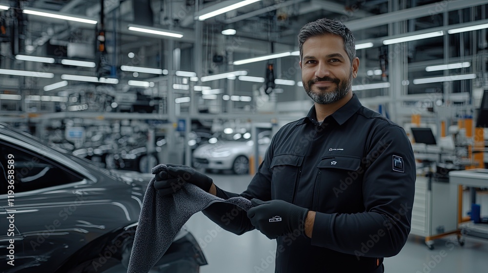 Worker in uniform and gloves smiles while cleaning a car wheel, highlighting dedication and skill in automotive maintenance Worker in uniform and gloves smiles while cleaning a car wheel, highlighting dedication and skill in automotive maintenance
