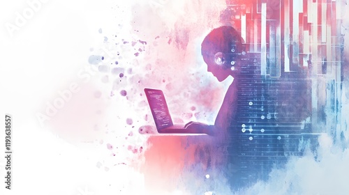 Person coding on laptop, digital art style.