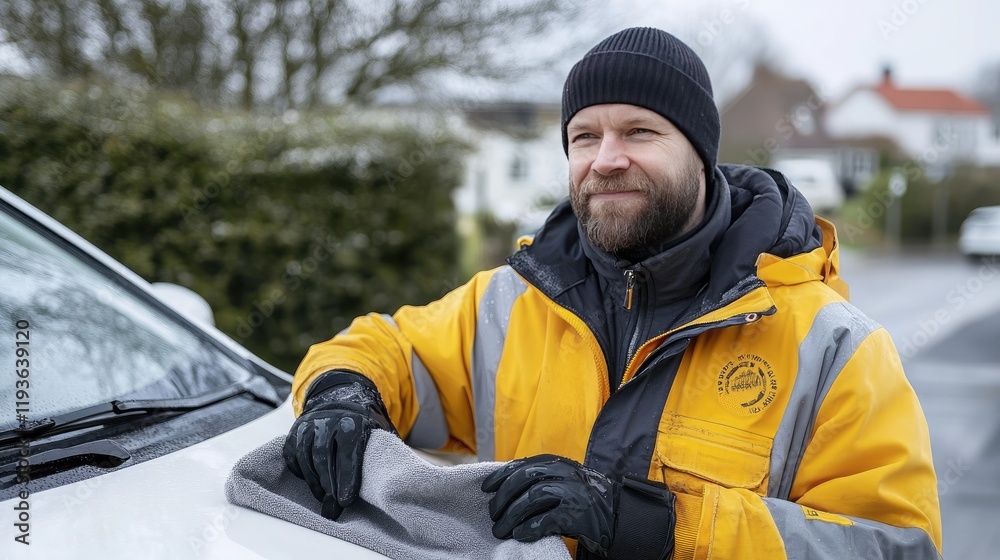 A person carefully wipes the hood of a white car with a microfiber cloth while wearing black gloves in a well-lit workshop. A person carefully wipes the hood of a white car with a microfiber cloth while wearing black gloves in a well-lit workshop.