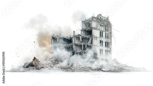 A Chaotic Scene of a Collapsed Industrial Building in a Post-Disaster Environment with Dust and Debris