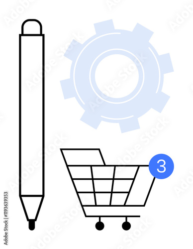 Pen, gear, and shopping cart with a notification symbol showing 3 new items. Ideal for productivity, online shopping, organization, workflow management, technology notifications task lists. Line