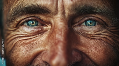 A close-up portrait of a smiling old man with expressive eyes, showcasing a range of emotions