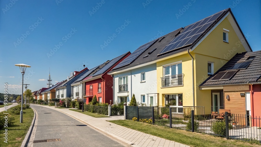 Naklejka premium Modern Townhouses with Solar Panels, Sunny Day, High-Resolution Stock Photo