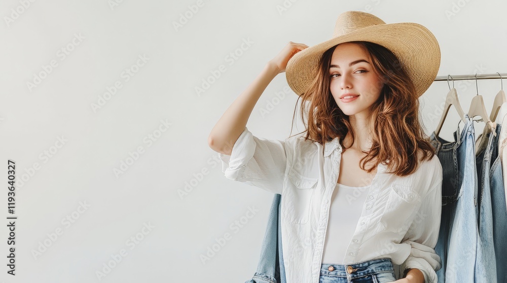 Fashionable young caucasian female posing in casual outfit with hat