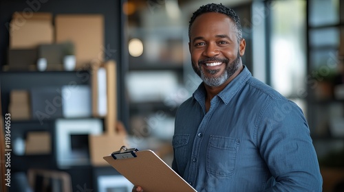 Smiling businessman holding clipboard in modern office, confident and ready to present ideas, professional attire, corporate setting, business success concept