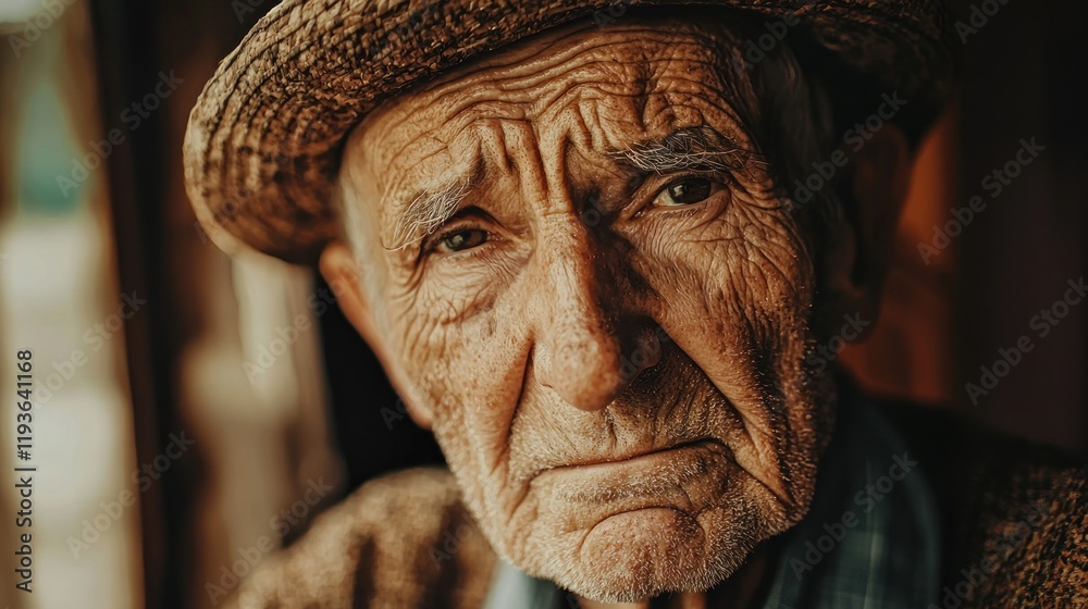 Close-up portrait of a pensive elderly man wearing a hat.