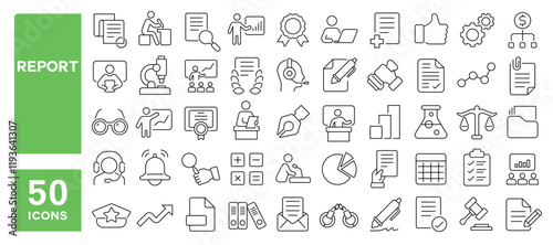 Set of 50 line icons related to report, analysis, checklist, document, paper, clipboard, sheet, chart, survey, application, archive, Editable stroke. Vector illustration