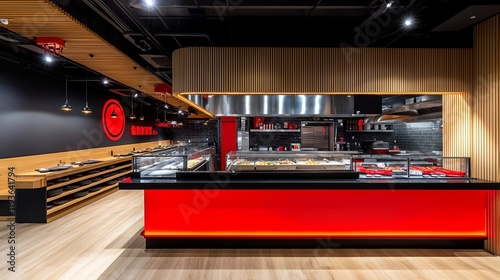 Modern restaurant interior with a red counter and wood accents.