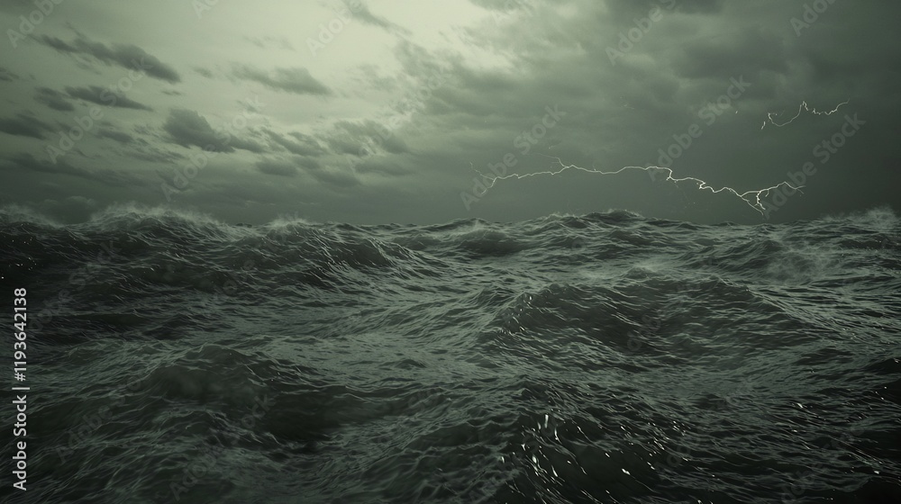 Fototapeta premium Stormy ocean waves with lightning. Use Weather forecast, dramatic background