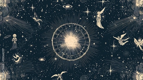 Heavenlyinspired composition celestial figures ethereal light and cosmic patterns reflecting divine presence and universal connection photo