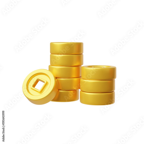 Stacked golden Chinese coins with square hole, vector 3D realistic money treasure, Asian lucky fortune or finance symbol