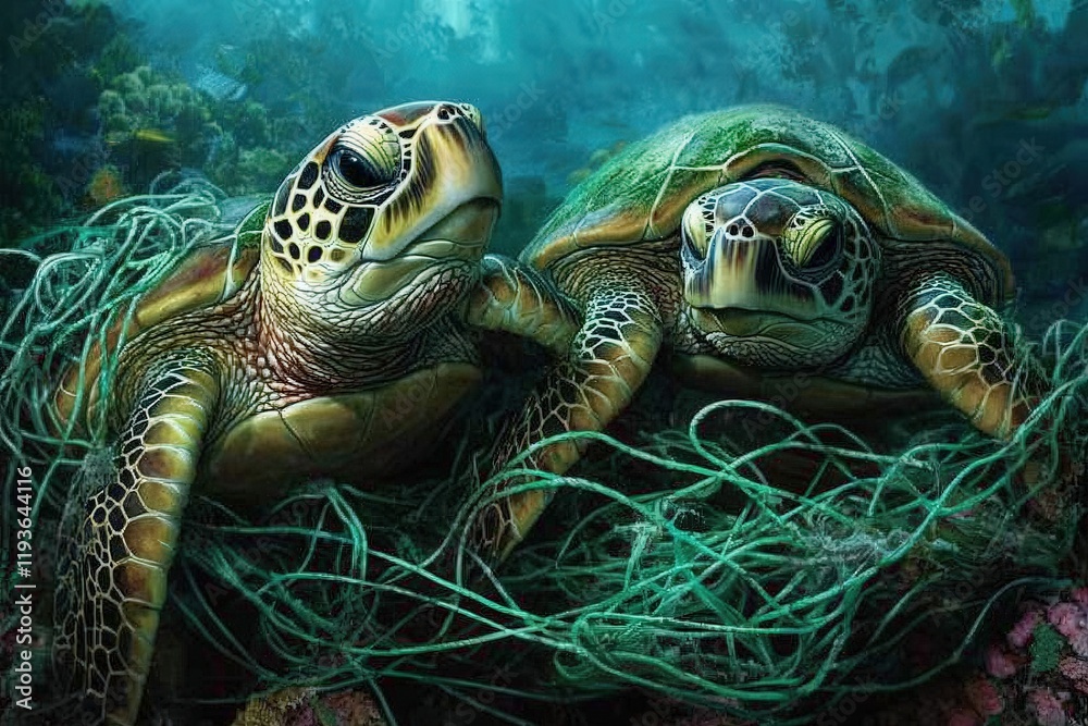 Fototapeta premium Two Sea Turtles Among Abundant Coral Reefs Surrounded by Colorful Marine Life and Entangled in Ocean Debris in a Vibrant Undersea Environment