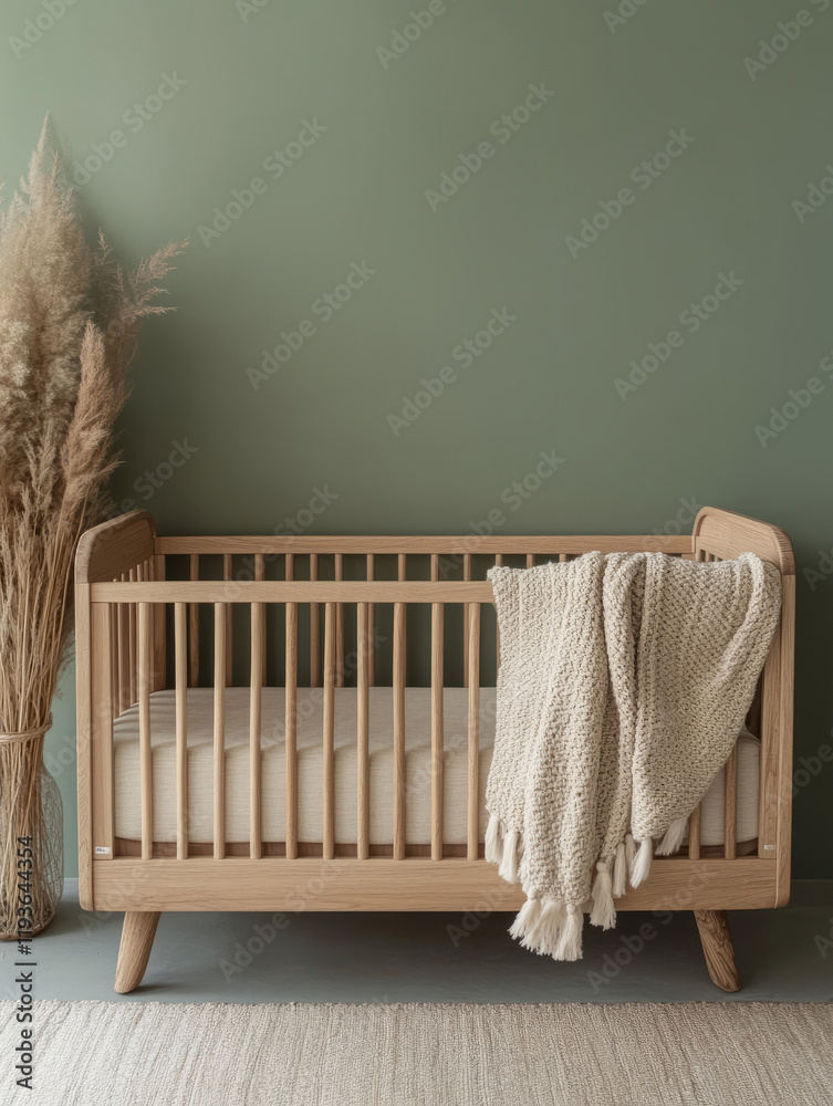Wooden baby crib in a cozy, minimalist nursery. Wooden baby crib in a cozy, minimalist nursery.