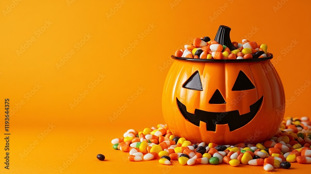 Fototapeta premium Colorful Halloween pumpkin filled with candy on a bright orange background