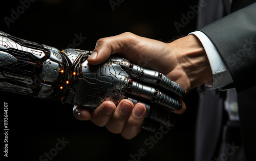 Human handshake with robot showing modern technologies, New era of Ai photo