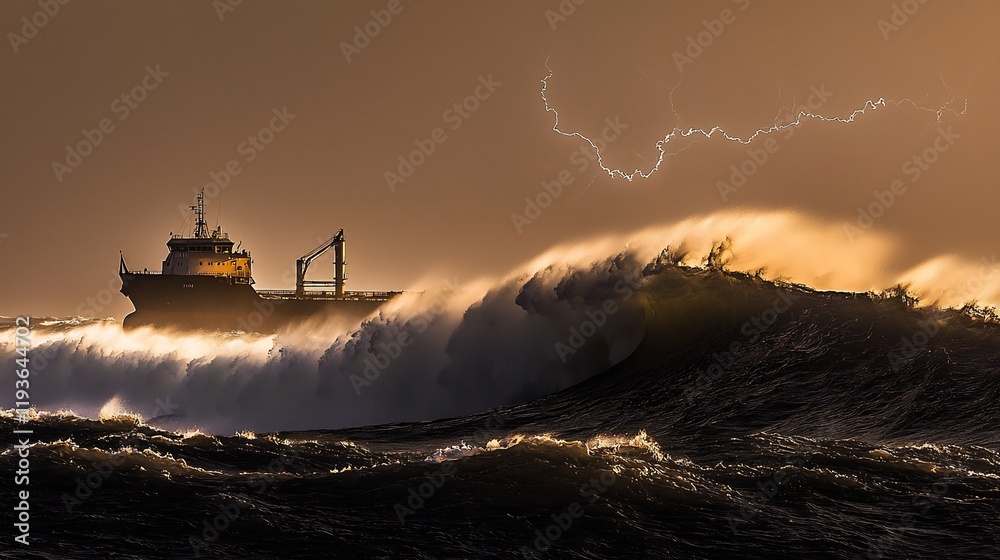 Fototapeta premium Powerful Ship Navigating Stormy Seas at Sunrise