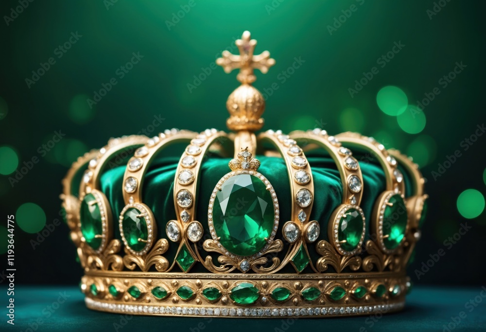 Fototapeta premium emerald color background with bokeh lights, with a majestic crown in the foreground