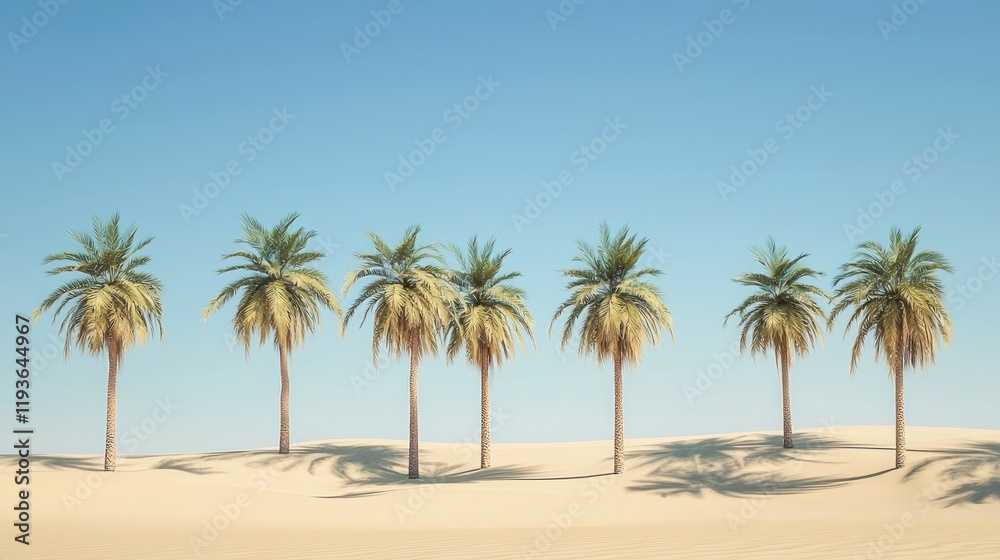 Seven palm trees in a desert under a clear blue sky. Seven palm trees in a desert under a clear blue sky.