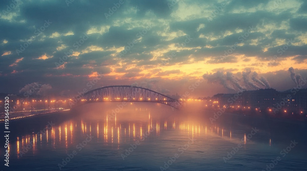 Naklejka premium Misty sunrise over city bridge and river.