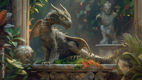 Mystical Dragon with Glowing Eyes on a Stone Podium, Digital illustration of a dragon with glowing eyes sitting on an intricately carved podium surrounded by an exotic garden.