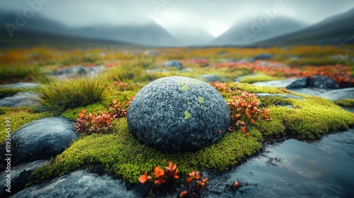 Wet rock in mossy autumn mountain stream, misty peaks. photo