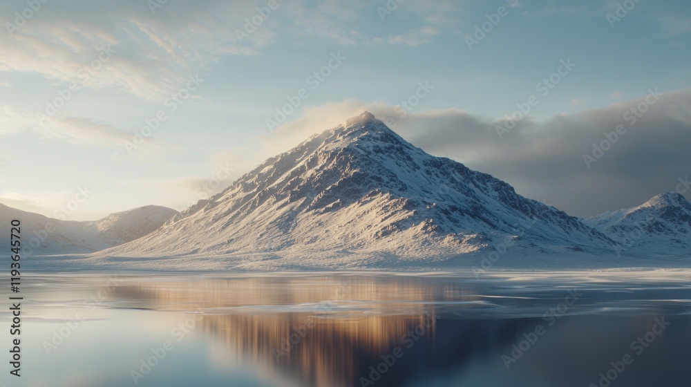 Majestic snow-capped mountain reflected in a serene lake at sunrise. Majestic snow-capped mountain reflected in a serene lake at sunrise.