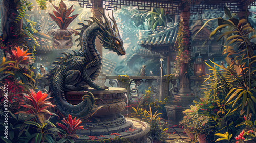 Serene Dragon on an Intricately Carved Stone Podium in a Magical Garden, A dragon’s glowing eyes shine with wisdom as it sits on a stone podium surrounded by exotic plants.