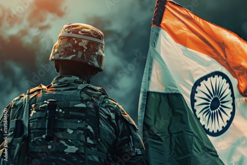 Indian soldier celebrates Republic and Independence Day with flag.
