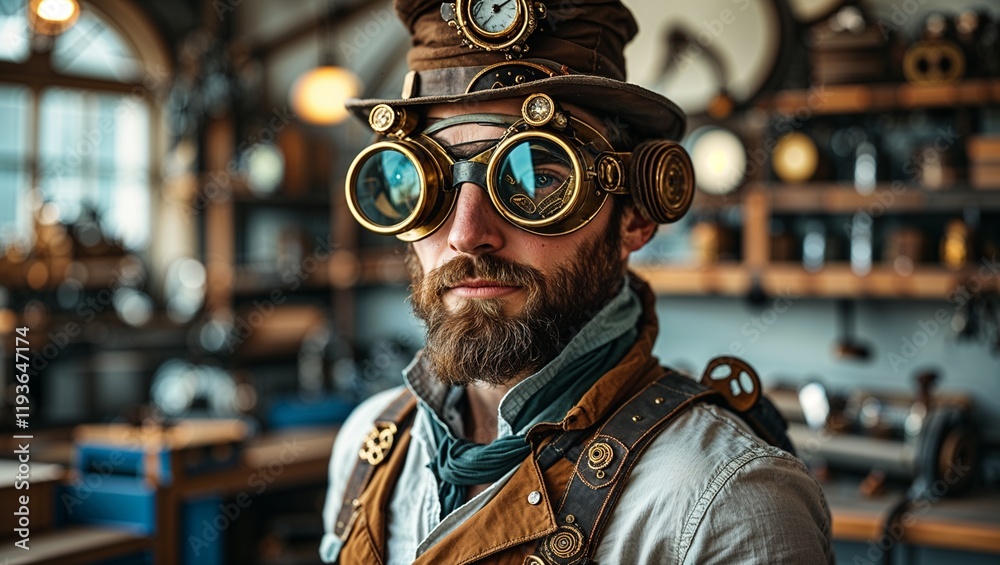 A steampunk adventurer with brass goggles and mechanical gear, standing in a workshop A steampunk adventurer with brass goggles and mechanical gear, standing in a workshop