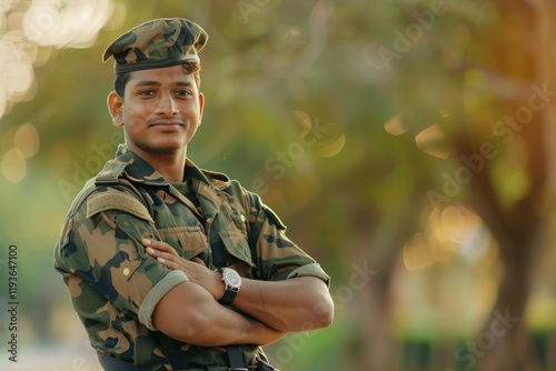 Proud Indian soldier in uniform with arms crossed.