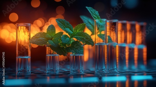 Fresh mint leaves in test tubes with glowing background, symbolizing innovation in herbal research