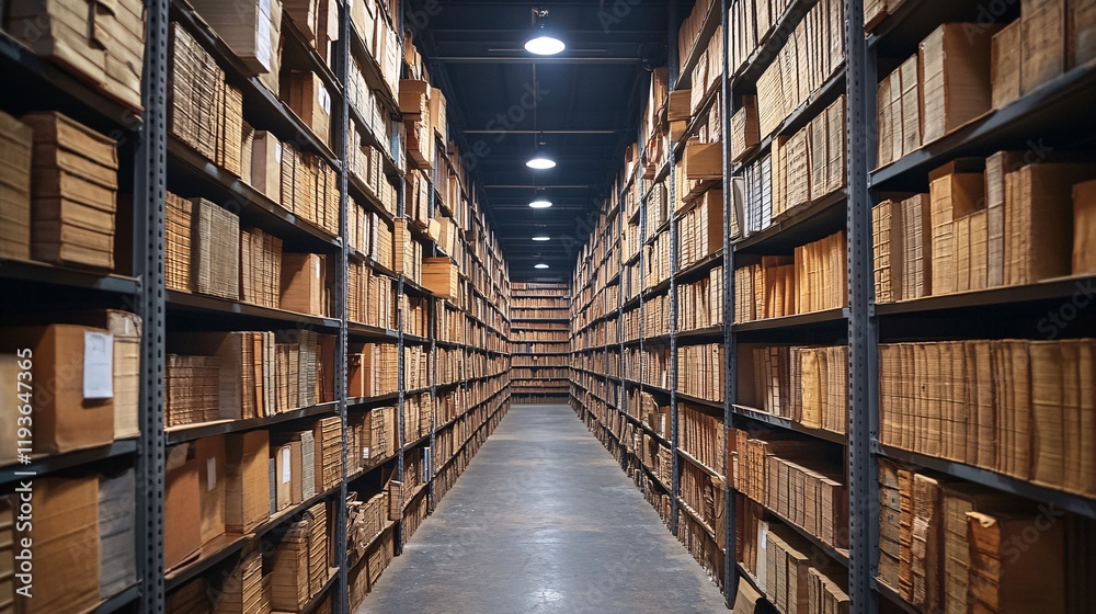 Rows of ancient books lining shelves in a vast library at dusk Rows of ancient books lining shelves in a vast library at dusk