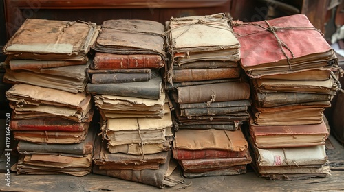 Wallpaper Mural Stacks of worn books resting on a wooden surface in an antique shop Torontodigital.ca