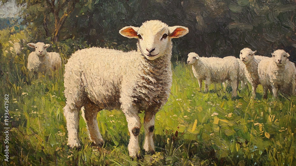 A playful young lamb stands in a lush green pasture, surrounded by fellow sheep on a sunny day. A playful young lamb stands in a lush green pasture, surrounded by fellow sheep on a sunny day.