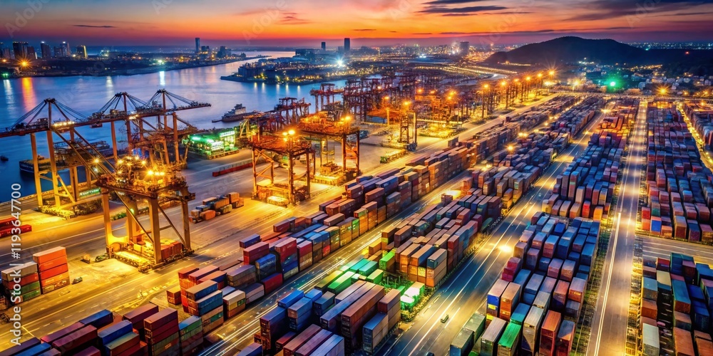 Obraz premium Night Aerial View: Busy Container Terminal, Cargo Shipping, Global Logistics