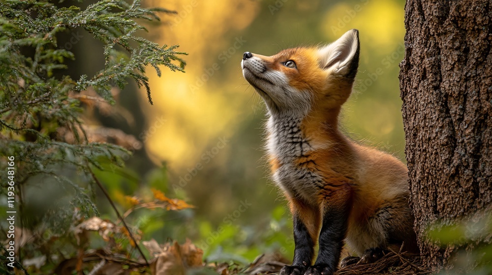 Naklejka premium Fox cub exploring a forest environment during autumn season