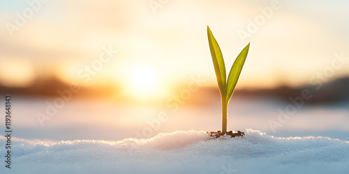 A resilient sprout emerges from the snow, bathed in the warm glow of the setting sun.  A symbol of hope and new beginnings. photo