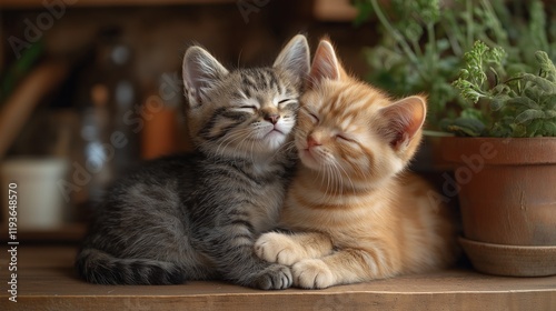Two adorable kittens sitting in a sunny kitchen with rustic wooden textures and soft natural light