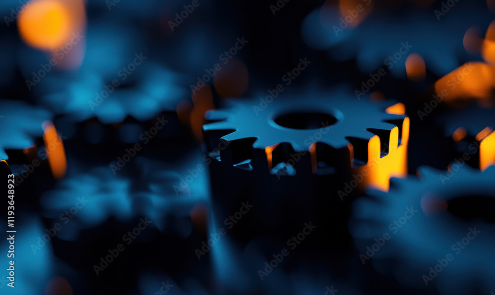Naklejka premium Intricate Design Closeup of Mesmerizing Blue and Orange Gears in Industrial Machinery Highlighting Precision Engineering and Dynamic Mechanics