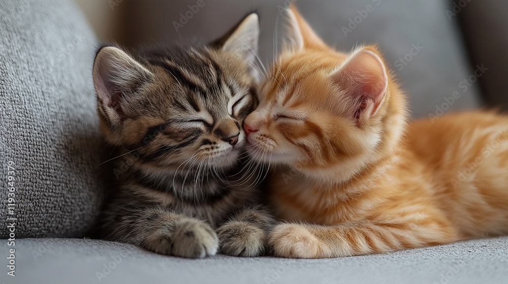 Two kittens sharing a tender moment on a sofa surrounded by a cozy home setting with soft focus. Two kittens sharing a tender moment on a sofa surrounded by a cozy home setting with soft focus.