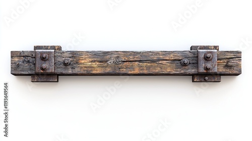 Rustic wooden beam with metal brackets.