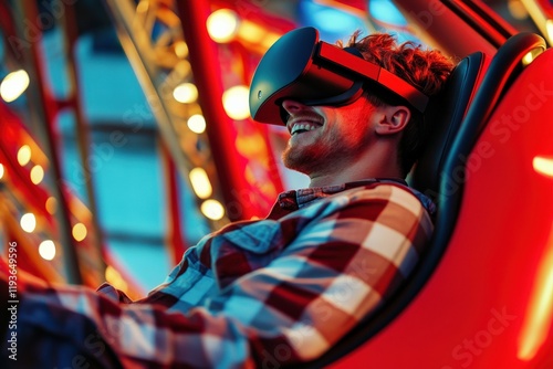 Young man enjoying immersive virtual reality experience with VR headset in colorful amusement park environment, surrounded by bright lights and high-tech attractions.