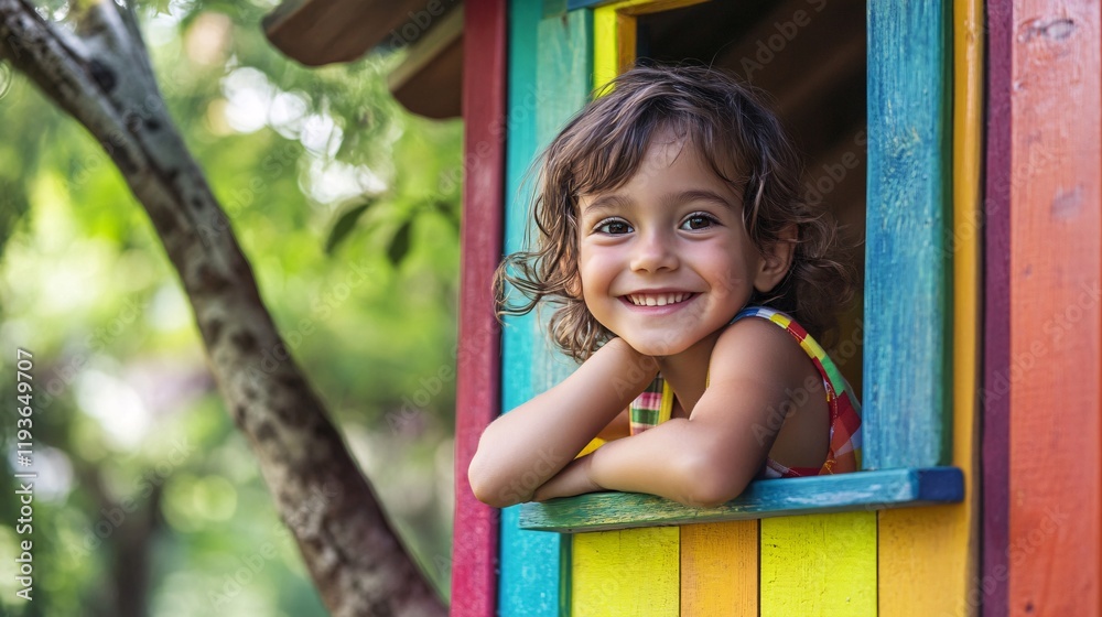 A cheerful young girl of Hispanic descent smiles from a colorful playhouse window, surrounded by lush greenery in a joyful setting. A cheerful young girl of Hispanic descent smiles from a colorful playhouse window, surrounded by lush greenery in a joyful setting.