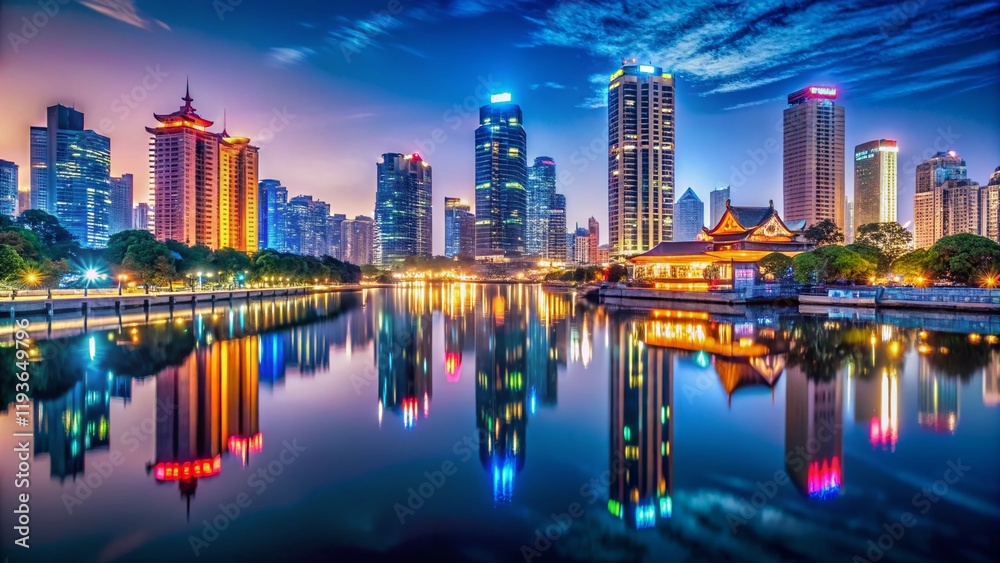 Fototapeta premium Night Lights Illuminate Sanjiangkou City Skyline, Ningbo, Zhejiang, China